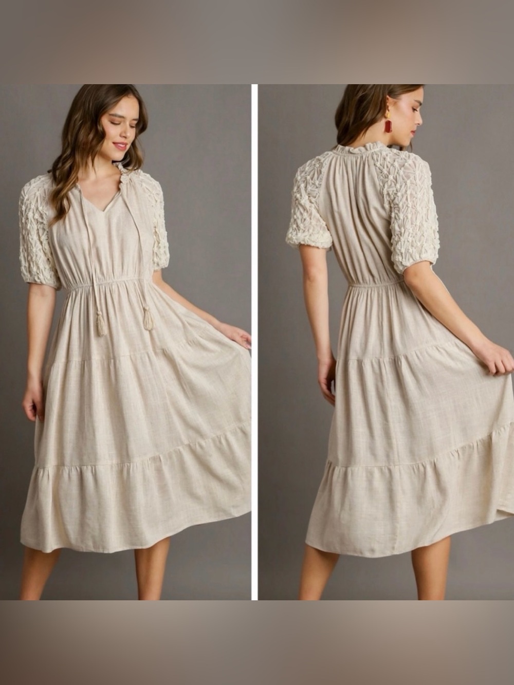 Umgee Oatmeal color Textured Puff-Sleeve Tiered Midi Dress
